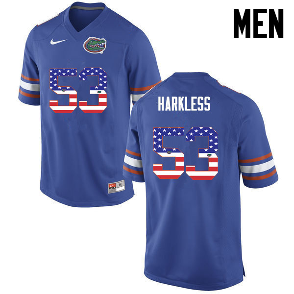 Men Florida Gators #53 Kavaris Harkless College Football USA Flag Fashion Jerseys-Blue - Click Image to Close